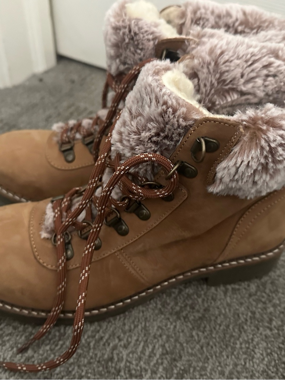Leather Avellini Portugal Faux-Fur Trim Brown Suede Winter Lace-Up Boots - Women